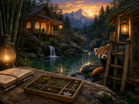 Curious red panda peeking from a bamboo hut beside a serene mountain stream with a cozy cabin glowing at dusk.