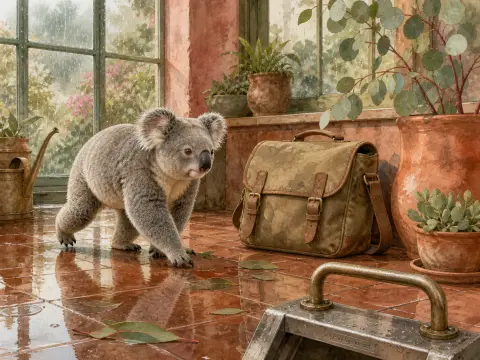 A koala walks across wet terracotta tiles beside a canvas satchel in a sunroom with rain on the windows.
