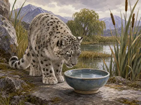 A snow leopard leans toward a ceramic bowl of water on rocky ground beside a mountain pond.