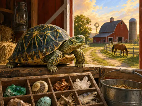 A patterned tortoise sits on a barn sill beside a tray of minerals, looking out at a red barn and grazing horse.