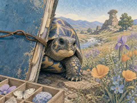 A tortoise peeking around an old blue book in a sunny meadow full of wildflowers and rocks.