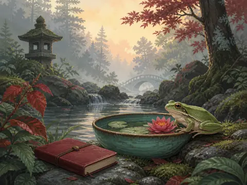 A green frog perches on a ceramic bowl with a pink water lily beside a red book in a misty Japanese garden.