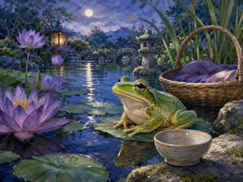 A green frog resting on a lily pad in a moonlit garden pond beside purple water lilies and a stone lantern.