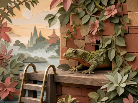 A green textured gecko emerges from a brick opening onto a wooden platform beside climbing vines and a ladder.