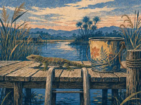 A spotted gecko sits on a wooden dock next to a decorated bucket overlooking a tranquil lake at sunset.