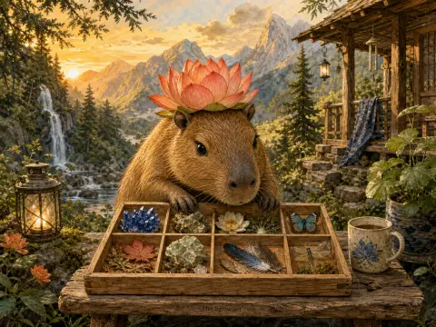 A capybara wearing a lotus flower leans over a wooden box of nature treasures outside a rustic mountain cabin.