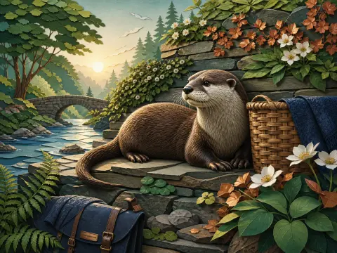 A river otter lounges on layered stone steps next to a wicker basket and blue satchel by a river.