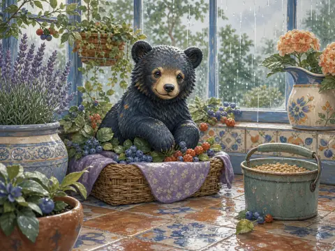 A black bear cub sitting in a berry-filled basket inside a cozy sunroom with rain-streaked windows.