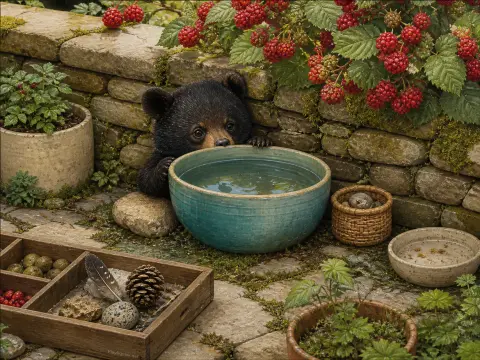 A small black bear cub peeking over a turquoise ceramic water bowl in a stone garden patio.