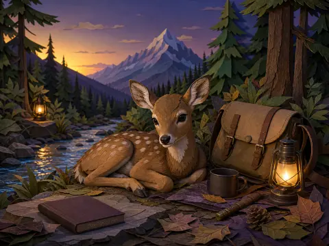 A spotted fawn resting beside a backpack, lantern, and book near a mountain stream at sunset.
