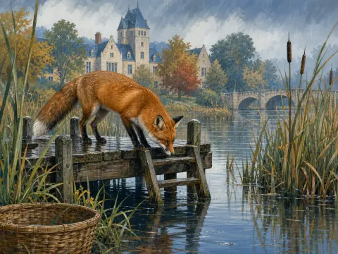 A red fox peers down into lake water from a wooden dock in front of a distant stone manor.