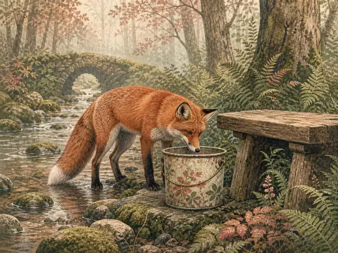A red fox inspects a rustic bucket by a rocky forest stream near a wooden bench and stone arch bridge.