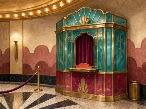 Ornate Art Deco theater ticket booth with teal glass, brass trim, and velvet curtains in a grand lobby.