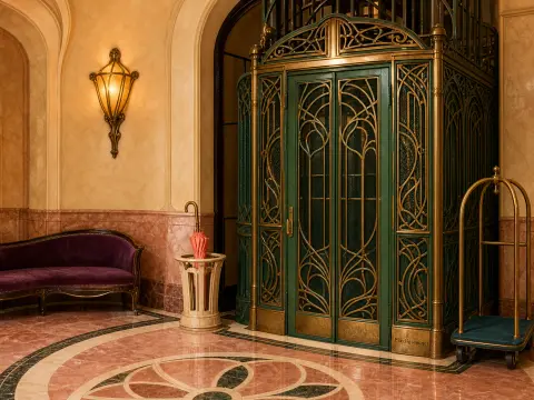 Ornate green and brass elevator in an elegant hotel lobby with polished pink marble floors and a purple settee.