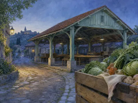 An open wooden market pavilion on a cobblestone village street at twilight, with a vegetable crate in the foreground.
