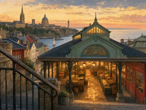 A covered open-air market pavilion filled with crates of produce overlooks a seaside town at sunset.