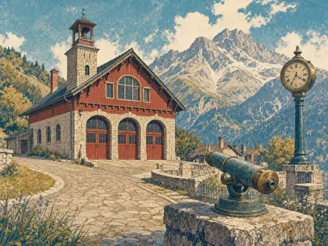 Stone and wood alpine fire station beside a viewing telescope and ornate clock, with snowy mountains in the background.