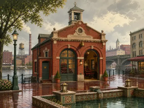 A charming red brick firehouse on a wet stone waterfront plaza beside a river with bridges and factories.