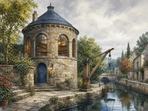 A circular stone library tower stands along a paved canal quay next to a wooden cargo crane.