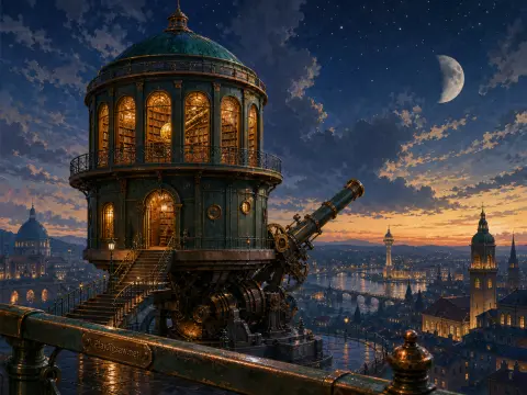 A grand mechanical observatory with a large brass telescope perched high above an illuminated city at twilight.