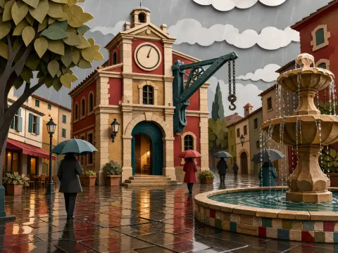 People carrying umbrellas walk across a wet village square featuring a red clock tower and a stone fountain.