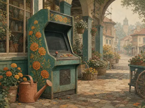 A teal retro arcade cabinet with painted orange flowers sits along a cobblestone street beside woven flower baskets.