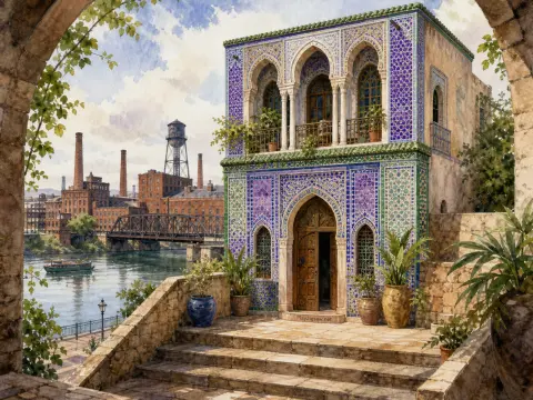 An ornate blue-tiled pavilion stands on a stone terrace overlooking an industrial river and bridge.