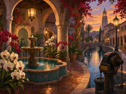 Stone fountain surrounded by blooming orchids on an arched terrace overlooking a canal at sunset.