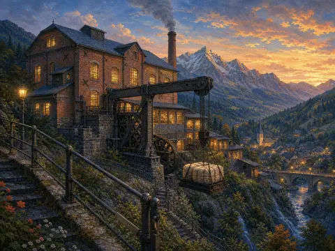 A brick factory with a large crane overlooking a mountain valley, illuminated village, and snowcapped peaks at sunset.