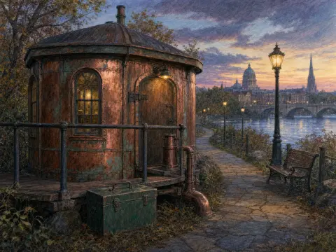 A round copper cabin with lit windows beside a riverside walkway with streetlamps and a distant cathedral at dusk.