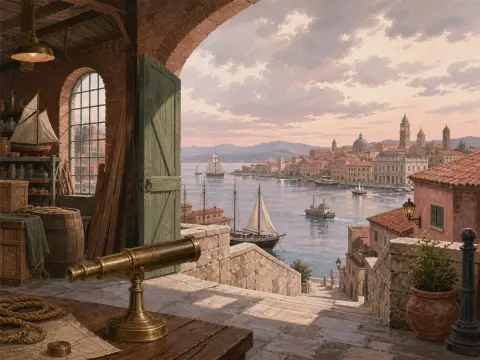 A view through an open brick workshop terrace looking out over stone steps to a sunny coastal harbor with sailing ships.