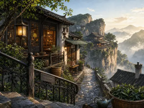 Traditional wooden teahouses and stone pathways perched on sheer cliff edges overlooking a misty mountain valley.