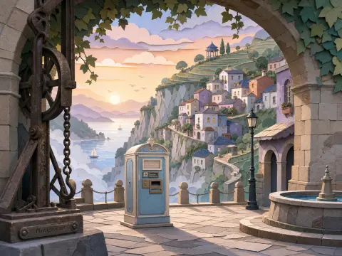 Papercraft-style coastal village on steep cliffs viewed through a stone archway with a terrace and fountain.