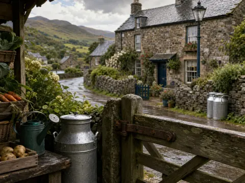 A rainy countryside street bordered by stone cottages, blooming gardens, and a wooden gate with fresh produce.