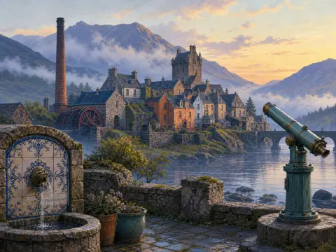 A stone mountain village with a castle and water wheel across a lake, seen from a terrace with a fountain and telescope.