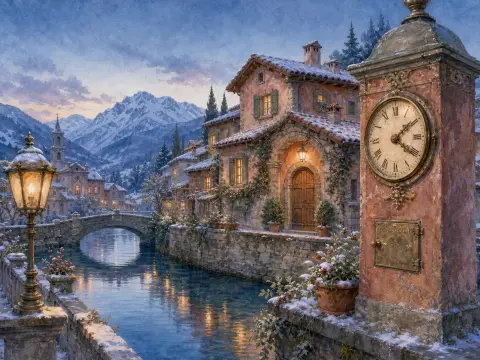 Snowy mountain village with a canal, stone bridge, glowing cottage windows, and a vintage clock tower in foreground.