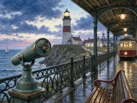 Rainy tram platform with a coin telescope looking out toward a glowing cliffside lighthouse at dusk.