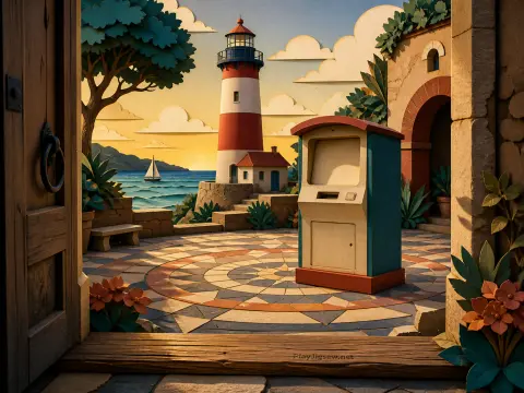 Sunlit courtyard with decorative stone pavement looking out toward a red and white lighthouse and sailboat on the sea.