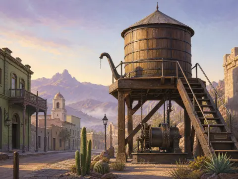 A large wooden water tower on timber stilts stands beside a dusty frontier town street with distant mountains.