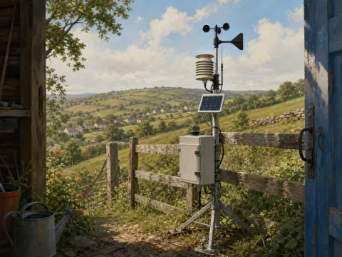 A solar-powered weather station standing beside a rustic wooden gate overlooking sunny rolling green hills.