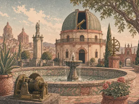 A classical domed astronomical observatory with an open slit and telescope overlooks a courtyard with a water fountain.