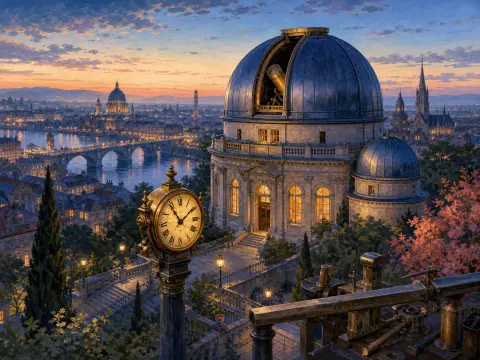 An astronomical observatory with an open dome overlooks an illuminated river city at sunset.