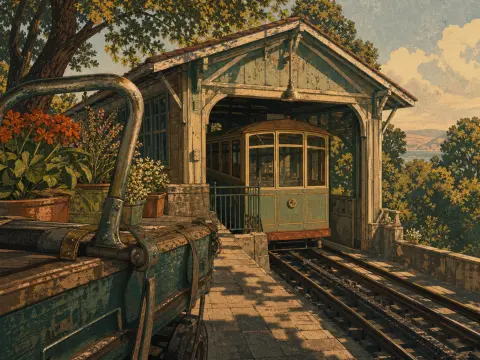 A vintage green tram rests inside a weathered wooden shelter at a hillside station overlooking distant hills.