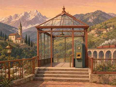 Glass pavilion on a mountain terrace overlooking a stone viaduct with a red train and snow-capped peaks.