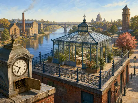 A glass rooftop greenhouse overlooks an arched bridge, a wide river, and a distant cityscape with a large dome.