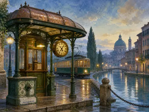 An ornate tram kiosk with a hanging clock beside a canal where a green vintage tram travels at dusk.