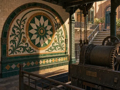 An intricate floral tile mosaic arch set beside a heavy industrial hoist mechanism and stone courtyard steps.