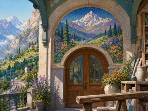 Arched stone doorway with a mountain landscape mosaic overlooking an alpine railway valley and snowy peaks.