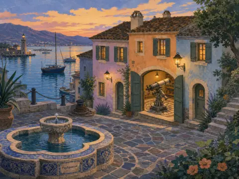 Mediterranean stone courtyard with a tiled fountain and an open room housing a telescope overlooking a sunset harbor.