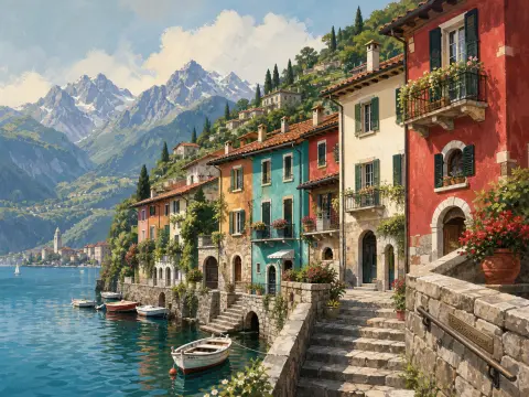 Colorful stone houses beside a bright blue alpine lake with small rowboats and snow-dusted mountains in the distance.